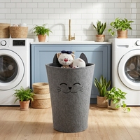 Panier de rangement cylindrique en feutre gris foncé avec broderie oreilles de chat mignonnes, grande capacité, pour linge de maison et organisateur pour enfants