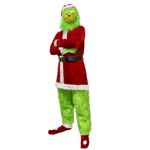Costume du Grinch en velours rouge, tenue de Père Noël, pantalon fourré vert, ensemble de cosplay pour adulte, costume de fête, performance de Noël - Product Image 3