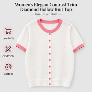 OEM ODM Damen Französischer Rundhals-Pullover mit Kontrastfarben, Sommerliches Durchbrochenes Diamantmuster, Atmungsaktives Oberteil, Kurzarm-<span class=keywords><strong>Strickpullover</strong></span> - Product Image 1
