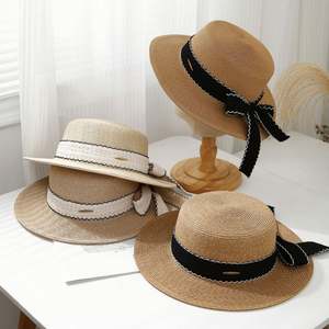 Korean Style Flat Top <b>Straw</b> <b>Hat</b> for Women Spring Summer Bow Strap Seaside Holiday Beach Casual Sun <b>Hats</b> Fashion <b>Boater</b> <b>Hat</b> - Product Image 2