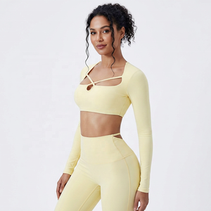 New Fashion Seamless Breathable Quick-Dry Spandex/Nylon Square Neck <b>Crop</b> <b>Top</b> Long <b>Sleeve</b> High Quality Sports Outdoor Regular Gym - Product Image 4