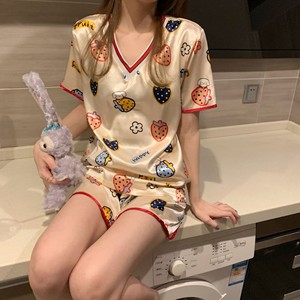Womens Summer Breathable Ice-Polyester Pajamas Thin Short-Sleeve <strong>Top</strong> Shorts Cute Cartoon Design V-Neck Polyester Loungewear - Product Image 1