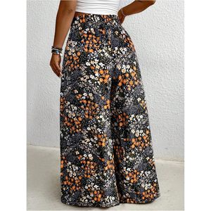 Pantalon palazzo fluide grande taille pour femme, motif floral, taille haute, jambe large, style bohème, pour les vacances d'été et les croisières - Product Image 2