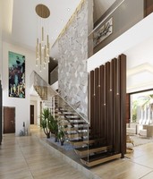 Escalier en bois massif droit moderne de style villa américain, durable, à balancier, avec poutre cachée, flottant, en verre, tout en métal