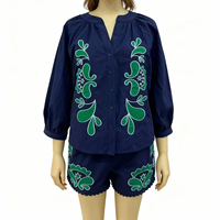 Ensemble ethnique pour femmes, chemise à manches bouffantes brodée avec broderie florale, short à volants, ensemble décontracté bohème pour se détendre