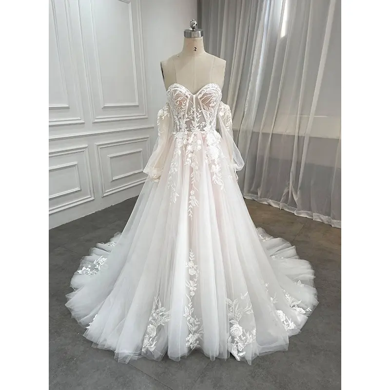 Wholesale Blush Pink A Line Puff Off Shoulder Wedding Dress Hot Selling Illusion Corset Lace Applique Sequin Bridal Gown Turkey