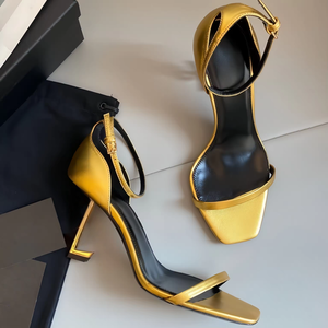 Sandalias de tacón alto de diseñador de moda, de cuero auténtico, para verano, bodas, zapatos de tacón alto para mujer, con logotipo personalizado. - Product Image 1