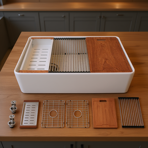 Évier de cuisine double en céramique blanche, style ferme, 33 pouces, installation sur comptoir, finition mate, multifonctionnel - Product Image 2