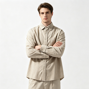 Chemise rayée vintage pour homme, beige gris, rayures verticales, manches longues, coton/lin, col pointu, poche simple, automne - Product Image 1
