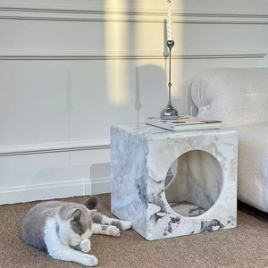 Table d'appoint en marbre naturel 2-en-1, niche pour chat, lit pour animaux de compagnie, luxe, imperméable, décoration d'intérieur, meubles pour chambre à coucher/salon - Product Image 4