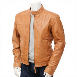 Mens Real Tan Leather <b>Jacket</b> Stand Collar Zip Side Pockets <b>Sheepskin</b> Light Brown Camel Biker Coat Custom Casual Winter Outerwear - Product Image 1