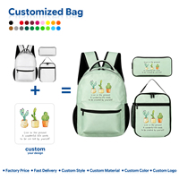 Sac à dos en microfibre imperméable OEM imprimé, ensemble de 3 pièces, vert menthe, motif géométrique, sac à déjeuner scolaire, trousse à papeterie, personnalisable