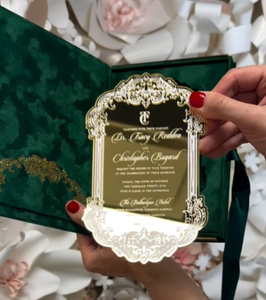Boîte en velours vert émeraude royale intemporelle <span class=keywords><strong>de</strong></span> luxe sur mesure, <span class=keywords><strong>miroir</strong></span> doré en acrylique, suite d'invitations <span class=keywords><strong>de</strong></span> mariage, boîtes d'invitations au design personnalisé - Product Image 4
