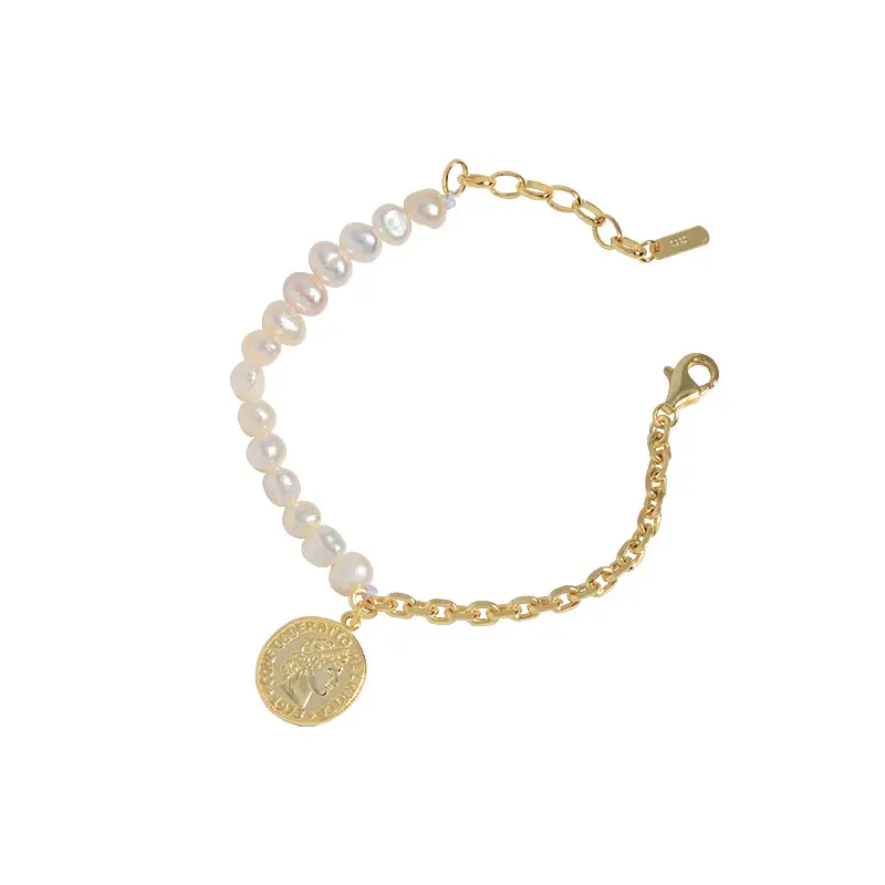 Rainbowking bracciale da donna con ciondolo placcato in oro 8 carati con perla in argento sterling 925 inspire with coin argento 925 gioielli bracciale