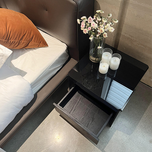 Luxury Glossy Mirror Storage Bedside <b>Table</b> Nightstand Customizable Stainless Steel Titanium <b>Drawer</b> Black Wooden Bedroom - Product Image 3