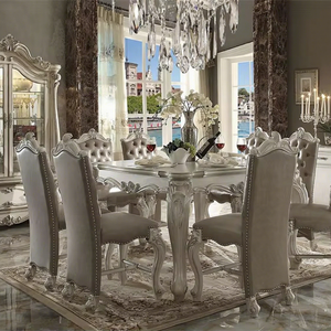 Meubles <span class=keywords><strong>de</strong></span> salle à manger <span class=keywords><strong>de</strong></span> conception européenne sculptés à la main, table <span class=keywords><strong>de</strong></span> salle à manger carrée avec <span class=keywords><strong>8</strong></span> chaises en cuir, couleur crème blanche - Product Image 1