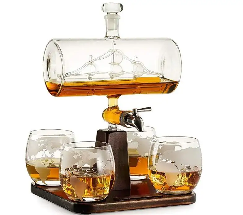 Top vente à la main 1000ml baril de verre whisky vin carafe whisky ensemble avec verres à whisky tasse à whisky