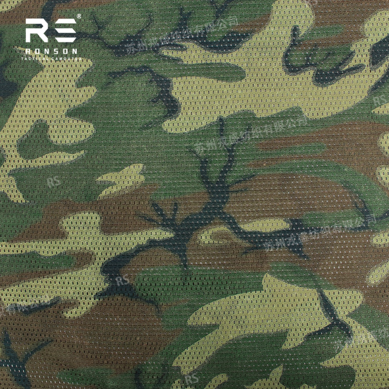 US ERDL Woodland Camouflage Double Sided Printed Mesh Fabric 120gsm Light Weight Knitted Luxury 100% Polyester Fabric Face Mask