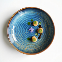 Assiettes de service de luxe en porcelaine, avec glaçures folles, bleu nordique, vaisselle de luxe, assiettes à salade profonde en céramique