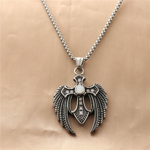 Wings <b>Cross</b> Pendant Necklace With Red Gemstone Pave Setting Stainless Steel Fashion Jewelry Gift For Men Women - Product Image 2