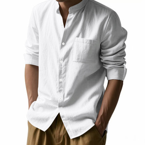 Nuova <span class=keywords><strong>Camicia</strong></span> Casual da <span class=keywords><strong>Uomo</strong></span> in <span class=keywords><strong>Lino</strong></span> con Colletto Rialzato e Perline, Traspirante, Antipiega, Stile Cinese, con Tasche, per Primavera Autunno - Product Image 2
