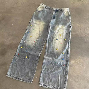 Custom Vintage Distressed Oversized Wash <strong>Jeans</strong> Streetwear Baggy <strong>Denim</strong> <strong>Jeans</strong> Rhinestone Wide Leg Diamond <strong>Denim</strong> Pants Manufacturer - Product Image 1