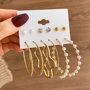 Fashion New Pearl Heart Circle Gold Plated Butterfly Hoop <b>Stud</b> <b>Earrings</b> <b>Set</b> for Women Jewelry Wholesale - Product Image 2