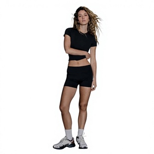 Conjunto Deportivo Negro de Cintura Alta para Mujer, Top Corto de Manga Corta con Pantalones Cortos por Encima de la Rodilla, Mono de Spandex de Secado Rápido - Product Image 1