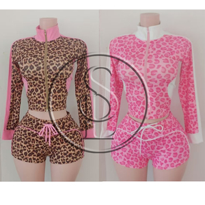 Completo Sportivo da <span class=keywords><strong>Donna</strong></span> con Stampa Leopardata <span class=keywords><strong>Rosa</strong></span>, Logo Personalizzabile, Giacca Aderente con Zip e <span class=keywords><strong>Pantaloni</strong></span> a Zampa, Set Yoga 2 Pezzi - Product Image 4