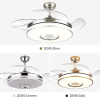 Ventilador de Techo Moderno Retráctil 2034S de 42 Pulgadas con Lámpara, Altavoz y Reproductor de Música, Candelabro con 3 Colores, Aspas Invisibles y Control Remoto