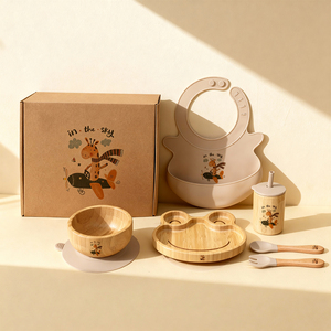 Assiettes en <span class=keywords><strong>bambou</strong></span> antidérapantes durables tasses pour enfants avec pailles et couvercles anti-fuite couleur unie silicone souple alimentation LED sevrage ensemble bébé - Product Image 3