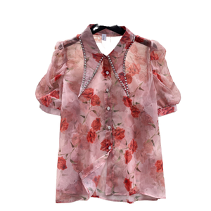 เสื้อเบลาส์แขนสั้นลำลองสำหรับฤดูร้อน ผู้หญิง แขนทรงฮับเบิลบับ ลายดอกไม้ ประดับเพชร เสื้อเชิ้ตวินเทจ เสื้อผ้าขายส่ง - Product Image 1