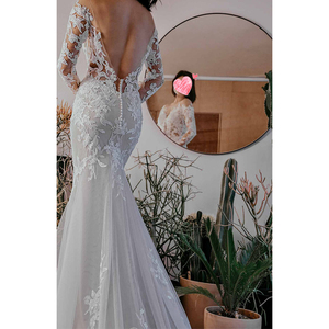 Modest Tulle Perspective Flower Lace up White Long Trail Backless Mermaid Designer Vestido <span class=keywords><strong>de</strong></span> <span class=keywords><strong>madrina</strong></span> <span class=keywords><strong>Vestidos</strong></span> <span class=keywords><strong>de</strong></span> novia Manga larga - Product Image 6