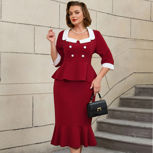 AOMEI maniche a tre quarti con collo quadrato a balze top bordeaux formale da donna due pezzi con Maxi gonna a sirena - Product Image 1