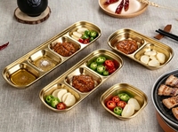 Plateau rectangulaire à compartiments en acier inoxydable poli de qualité alimentaire, design coréen, durable, compatible lave-vaisselle, idéal pour les fêtes