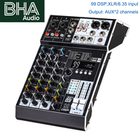 Console de mixage audio 4 canaux BHA MR4 avec 99 effets DSP intégrés, 2 sorties AUX, mini console de mixage DJ avec USB, Bluetooth, alimentation fantôme 48V