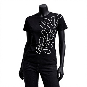 <b>Women</b> <b>Black</b> Graphic T <b>Shirt</b> Minimal Line Art Print Slim Fit Cotton Casual Short Sleeve Fashion Tee - Product Image 1