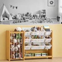 Organisateur de rangement pour jouets d'enfants en bambou avec support pour animaux en peluche et étagères transparentes à 3 niveaux pour salle de jeux et chambre d'enfant