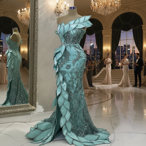 Beading Feather Ball Gown Luxury Evening Dress Women Pearl Crystal Off-Shoulder Handmade Embroidery Built-in Bra Mermaid Pattern - Product Image 3