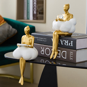 Redeco Vàng Hiện Đại Nữ Điêu Khắc Nhựa Thủ Công Mỹ Nghệ Trắng Đám Mây Ăn Mặc Giữ Pha Lê Bóng Đọc Sách Bong Bóng Cô Gái Bức Tượng - Product Image 1