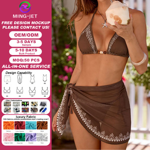 Conjunto de <span class=keywords><strong>Bikini</strong></span> de 3 Piezas para Mujer, Sexy, Color Chocolate, con Detalles Bordados y Cuentas, Top Triangular Halter con Braguita Brasileña, Diseño Sólido - Product Image 1