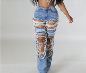 Moda 2024 verano nuevo agujeros <span class=keywords><strong>rotos</strong></span> perla borlas cadena <span class=keywords><strong>mujer</strong></span> <span class=keywords><strong>Jeans</strong></span> Pantalones rectos de <span class=keywords><strong>mujer</strong></span> - Product Image 2