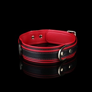 Red & Black Adjustable Leather BDSM <b>Collar</b> with Lock and Metal Chain, Fetish <b>Bondage</b> Neck Accessory for Adult Role Play - Product Image 4