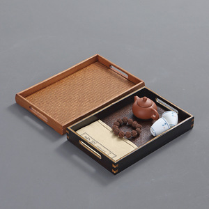 Bandeja rectangular de bambú tejida con asa para servir, para guardar el juego de té, plato de comedor estilo chino - Product Image 2