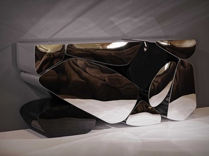 Table <span class=keywords><strong>console</strong></span> moderne italienne en <span class=keywords><strong>acier</strong></span> inoxydable poli motif <span class=keywords><strong>bois</strong></span> pour salle à manger salon hôtel contemporain pour appartement - Product Image 3