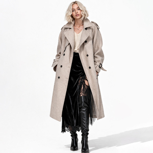 Manteau en laine pour femme - Élégant manteau long d'hiver à double boutonnage avec ceinture, coupe ajustée, couleur avoine - Logo personnalisé - Product Image 1