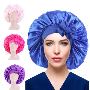Wholesale Extra Large Stretch Ribbon Silk Satin Bonnet Solid Color Wide Brim Headwrap Nightcap Cap Women Knotted Bandana Hat