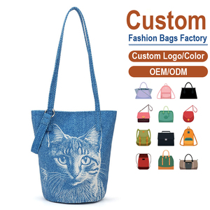 Canvas Bucket Tote with Vintage Cat Print, OEM/ODM Custom Factory, Women's Casual Shoulder <b>Purse</b> - Product Image 1