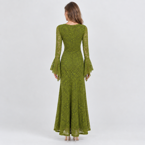 Vestido largo maxi casual verde liso para mujer con encaje, cuello en V, fruncido, con cordones, ajuste ceñido, manga acampanada y cintura natural - Product Image 6