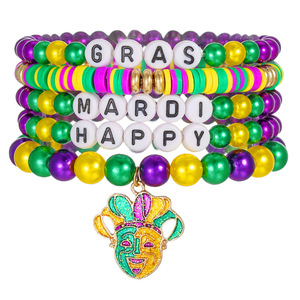 Mardi Gras <b>Beaded</b> <b>Bracelet</b> Set Colorful Party Jewelry With Jester Charm Unisex Fashion Accessory - Product Image 5